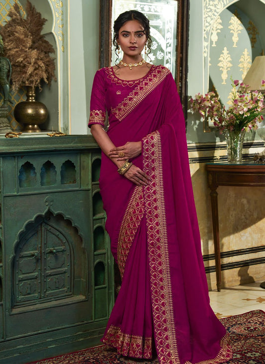 Contemporary Vichitra Silk Wine Embroidered Saree