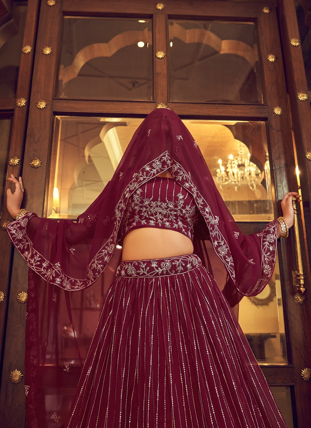 A Line Lehenga Faux Georgette Wine Embroidered Lehenga Choli