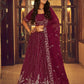 A Line Lehenga Faux Georgette Wine Embroidered Lehenga Choli