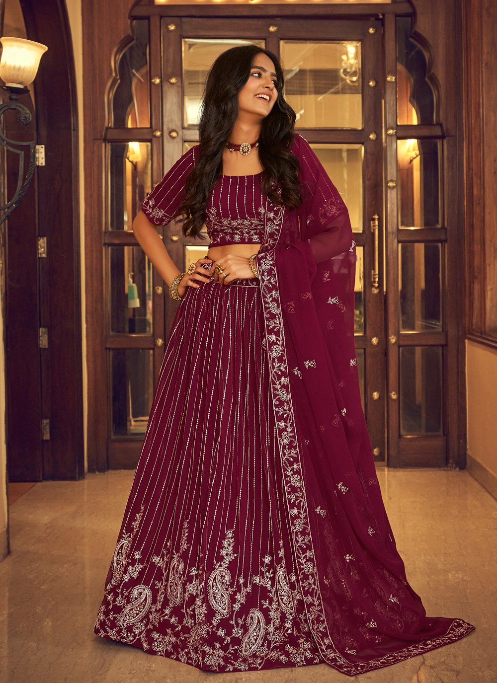 A Line Lehenga Faux Georgette Wine Embroidered Lehenga Choli