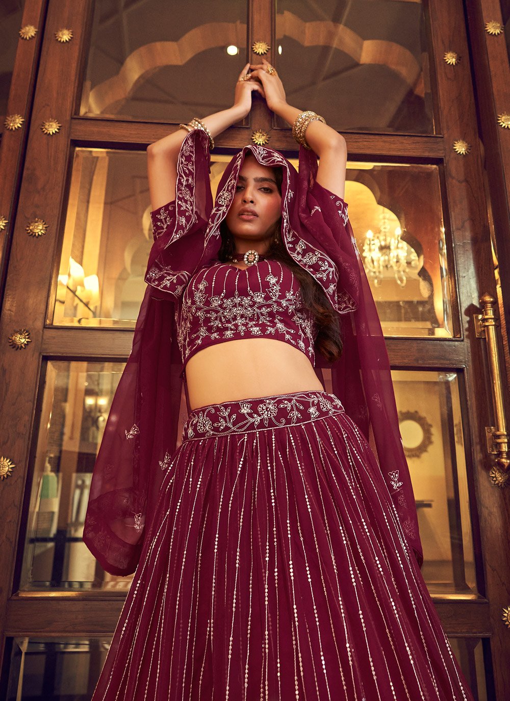 A Line Lehenga Faux Georgette Wine Embroidered Lehenga Choli