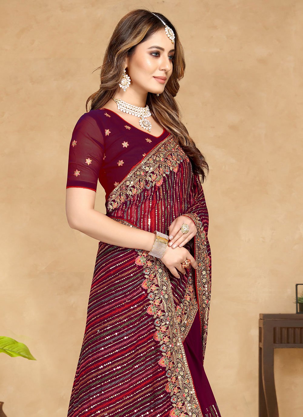 Contemporary Georgette Wine Embroidered Saree