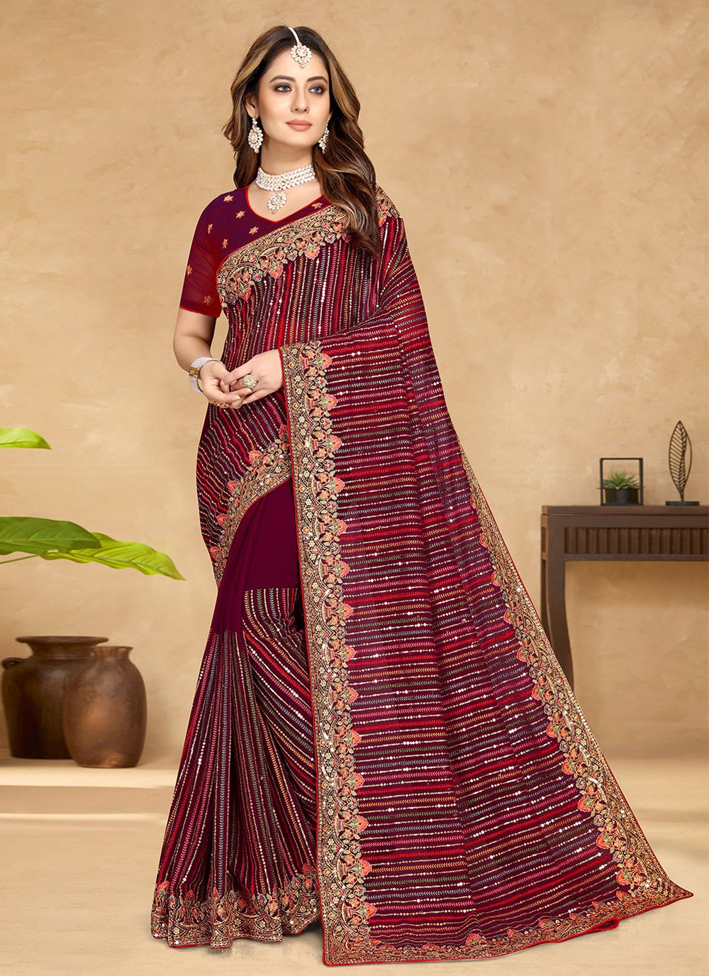 Contemporary Georgette Wine Embroidered Saree