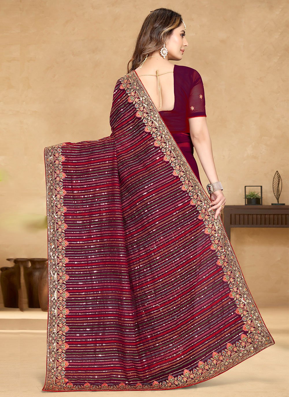 Contemporary Georgette Wine Embroidered Saree