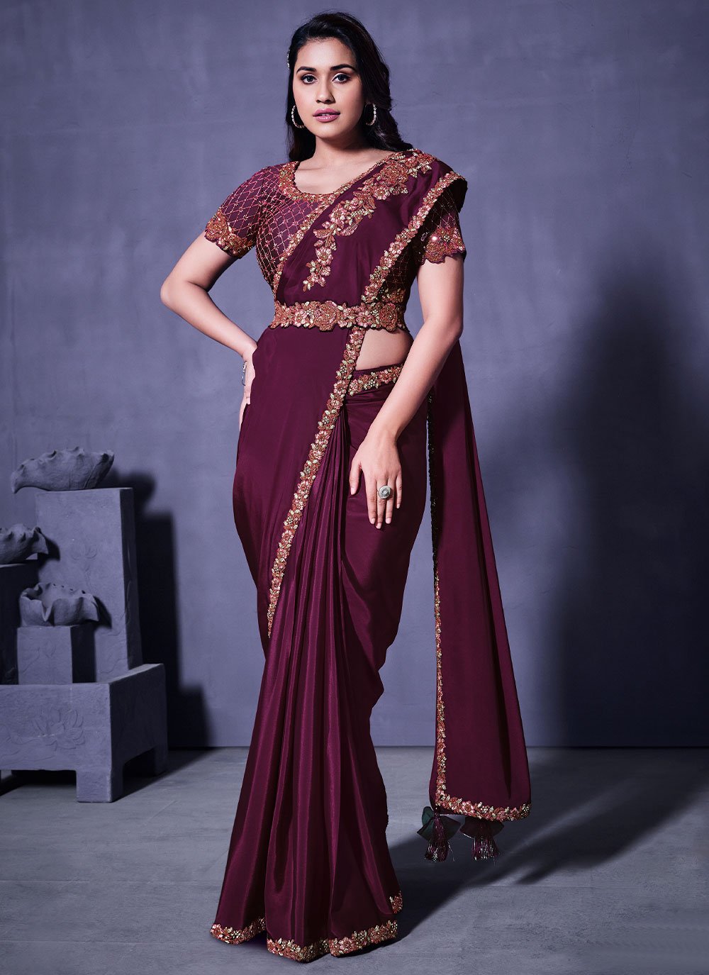 Contemporary Faux Crepe Georgette Wine Cord Work Saree