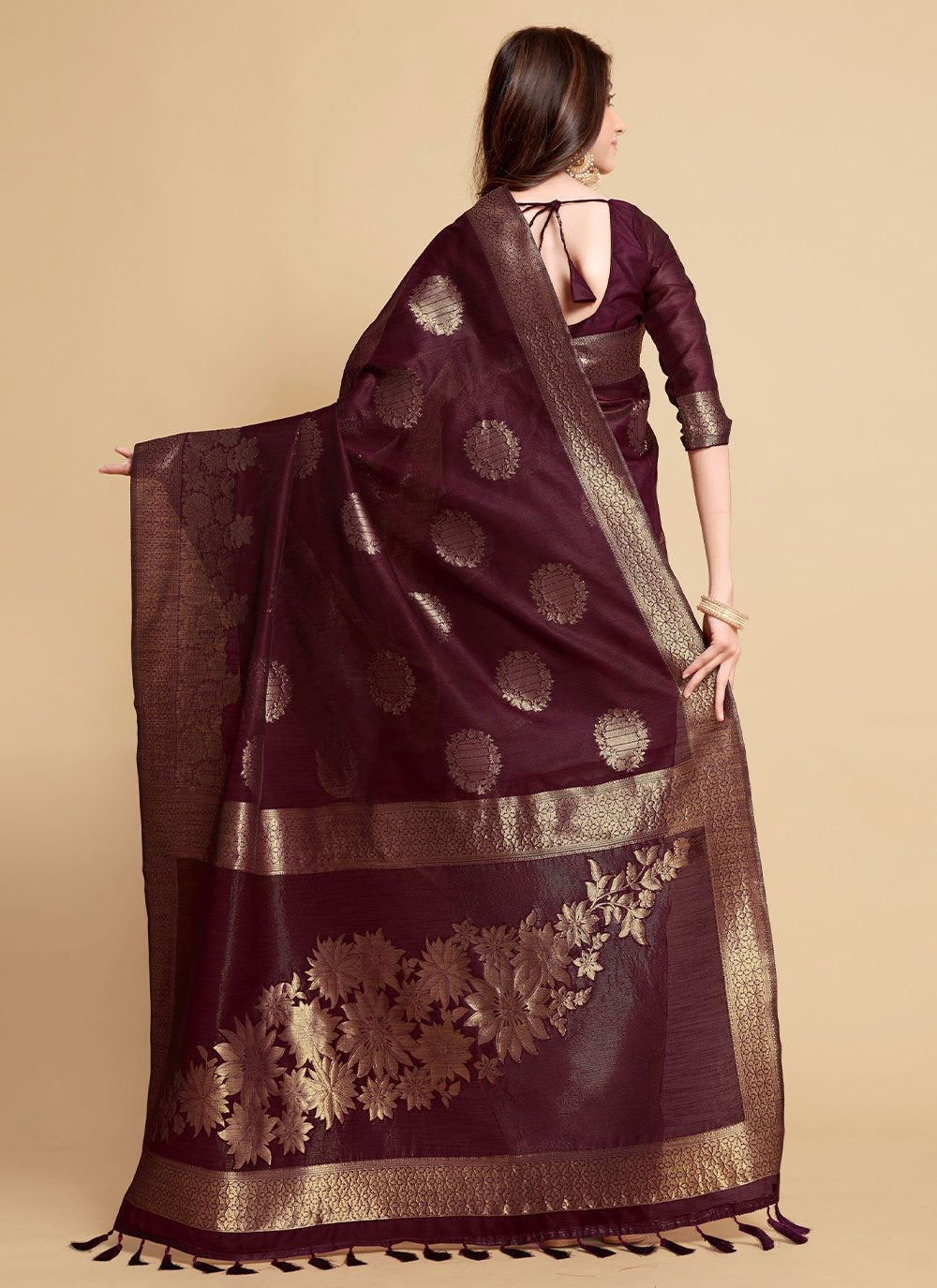 Classic Linen Wine Jacquard Work Saree