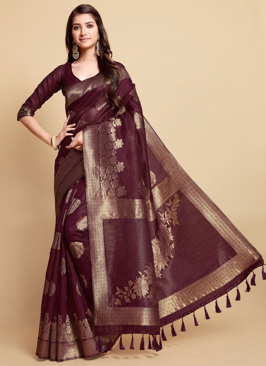 Classic Linen Wine Jacquard Work Saree