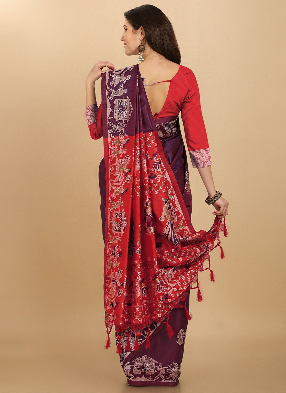 Classic Raw Silk Wine Woven Saree