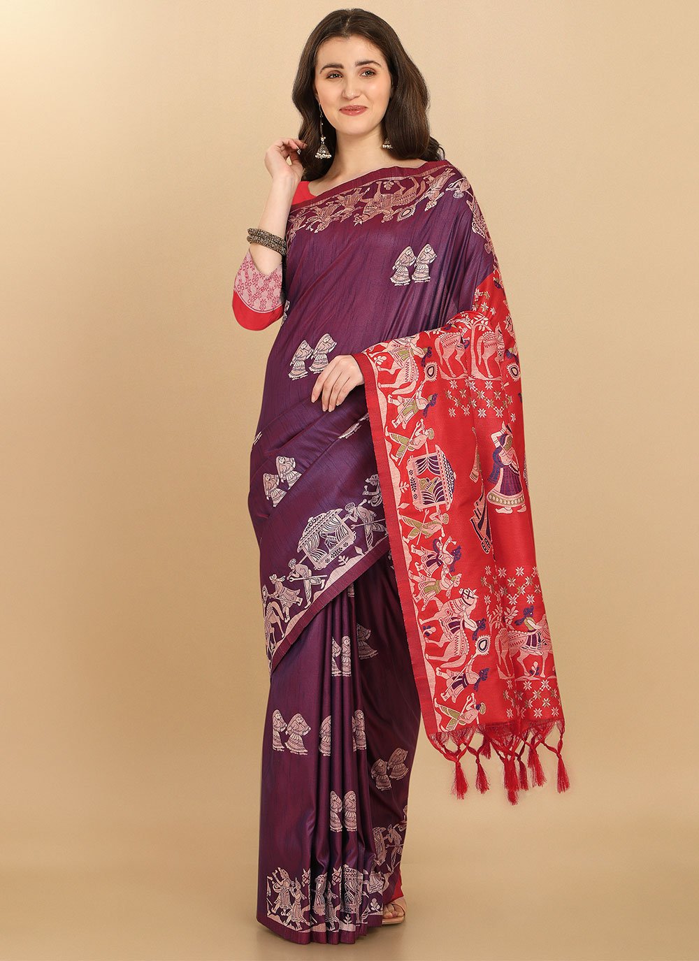 Classic Raw Silk Wine Woven Saree