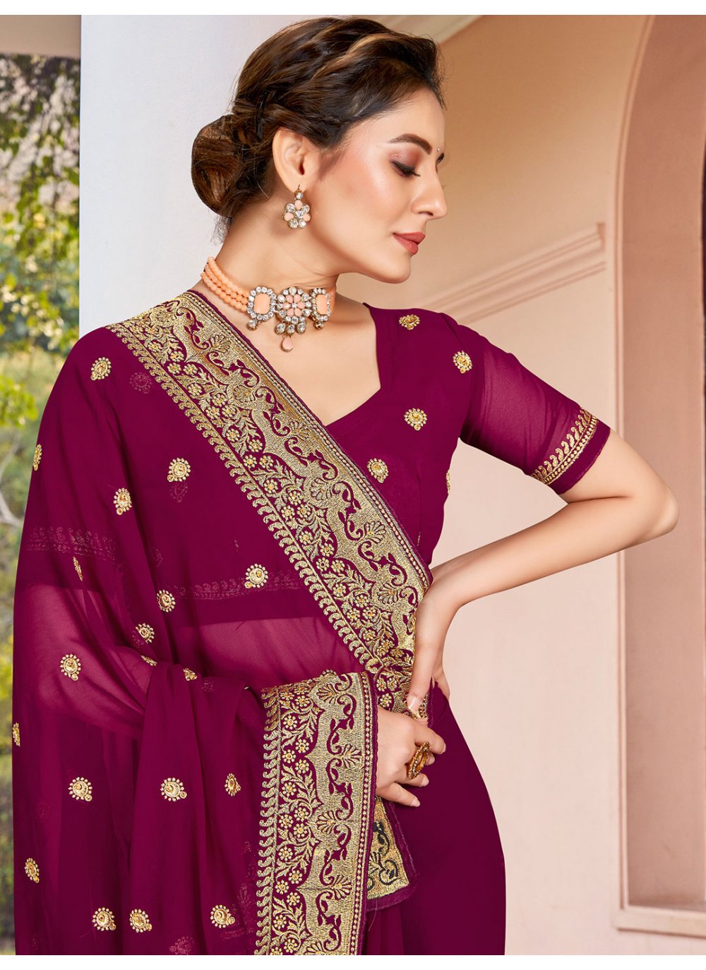 Trendy Saree Georgette Wine Embroidered Saree