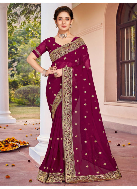 Trendy Saree Georgette Wine Embroidered Saree