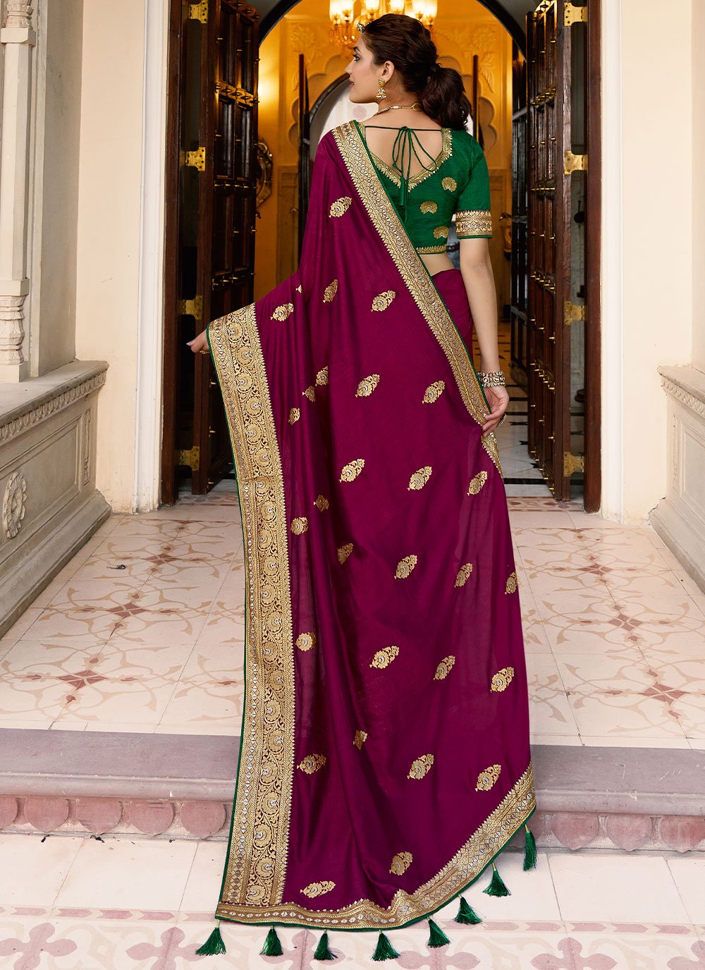 Classic Vichitra Silk Wine Embroidered Saree