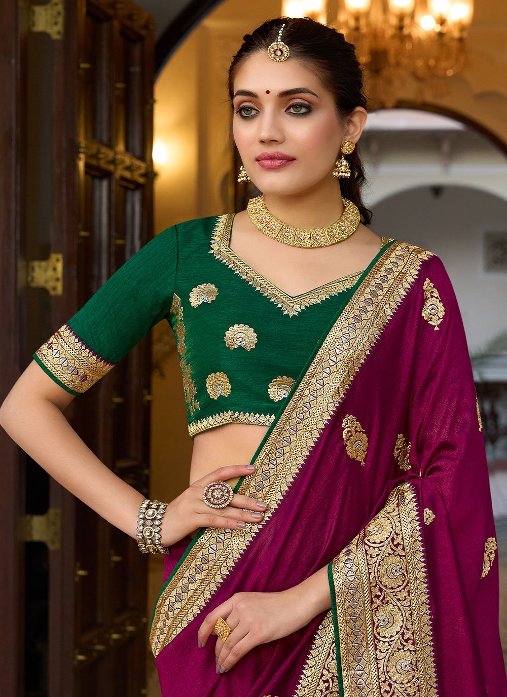 Classic Vichitra Silk Wine Embroidered Saree