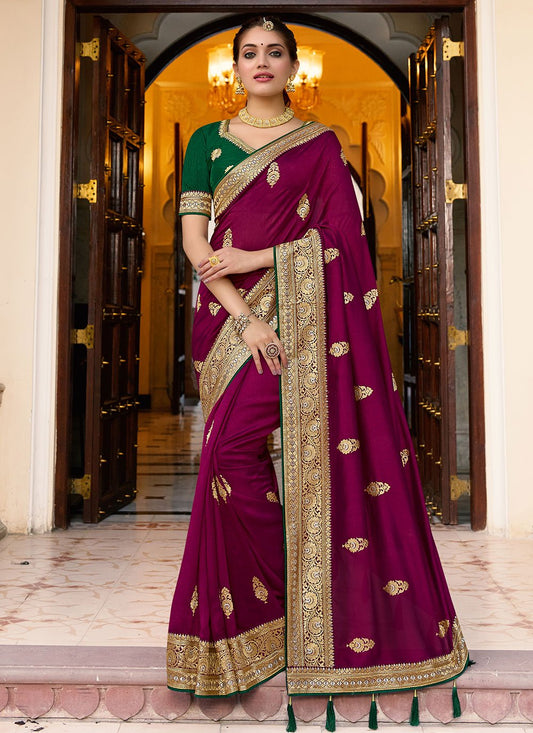 Classic Vichitra Silk Wine Embroidered Saree