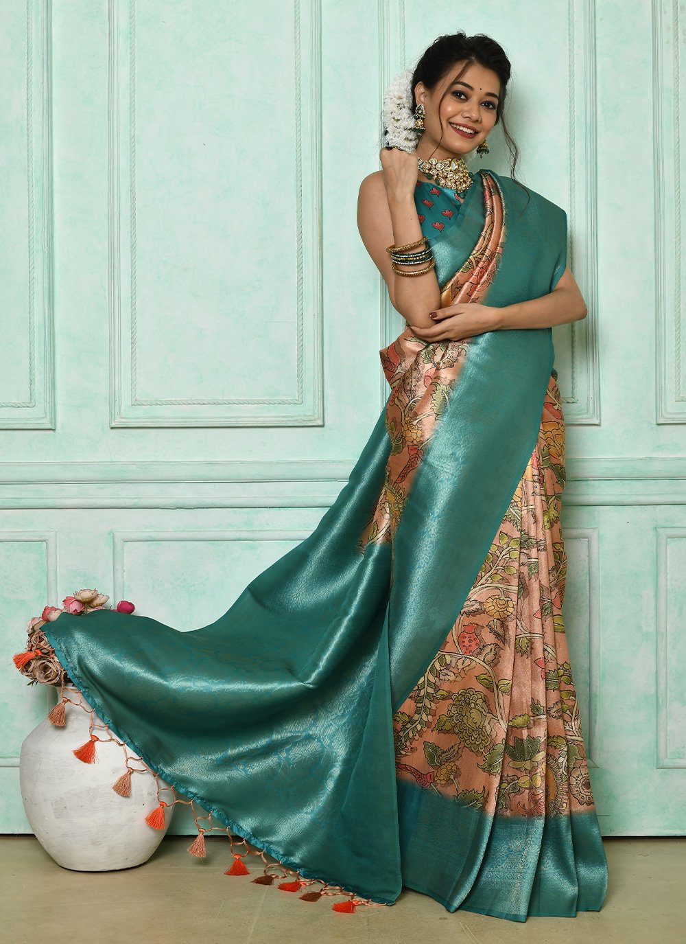 Classic Cotton Silk Aqua Blue Print Saree