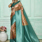 Classic Cotton Silk Aqua Blue Print Saree