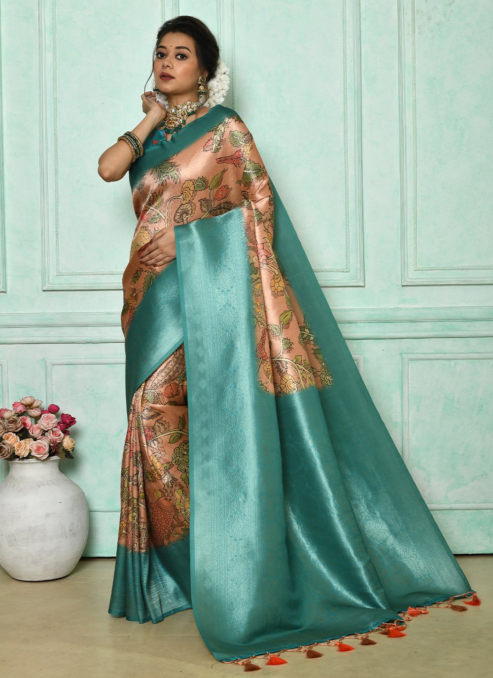 Classic Cotton Silk Aqua Blue Print Saree