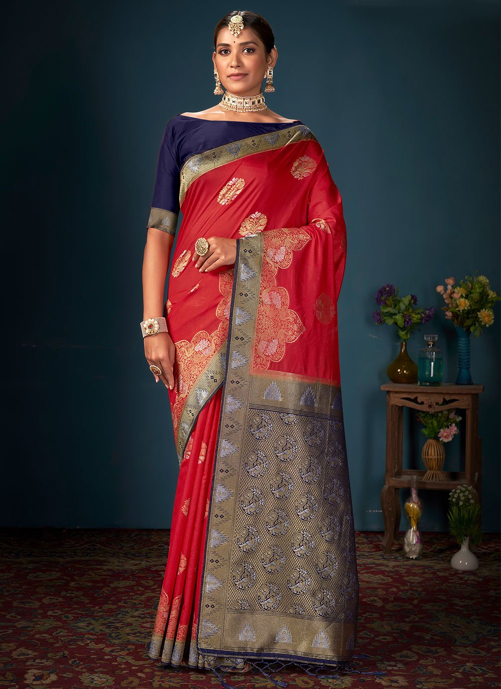 Contemporary Art Banarasi Silk Red Woven Saree