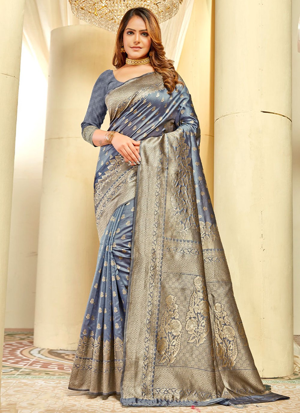 Trendy Saree Art Silk Grey Woven Saree