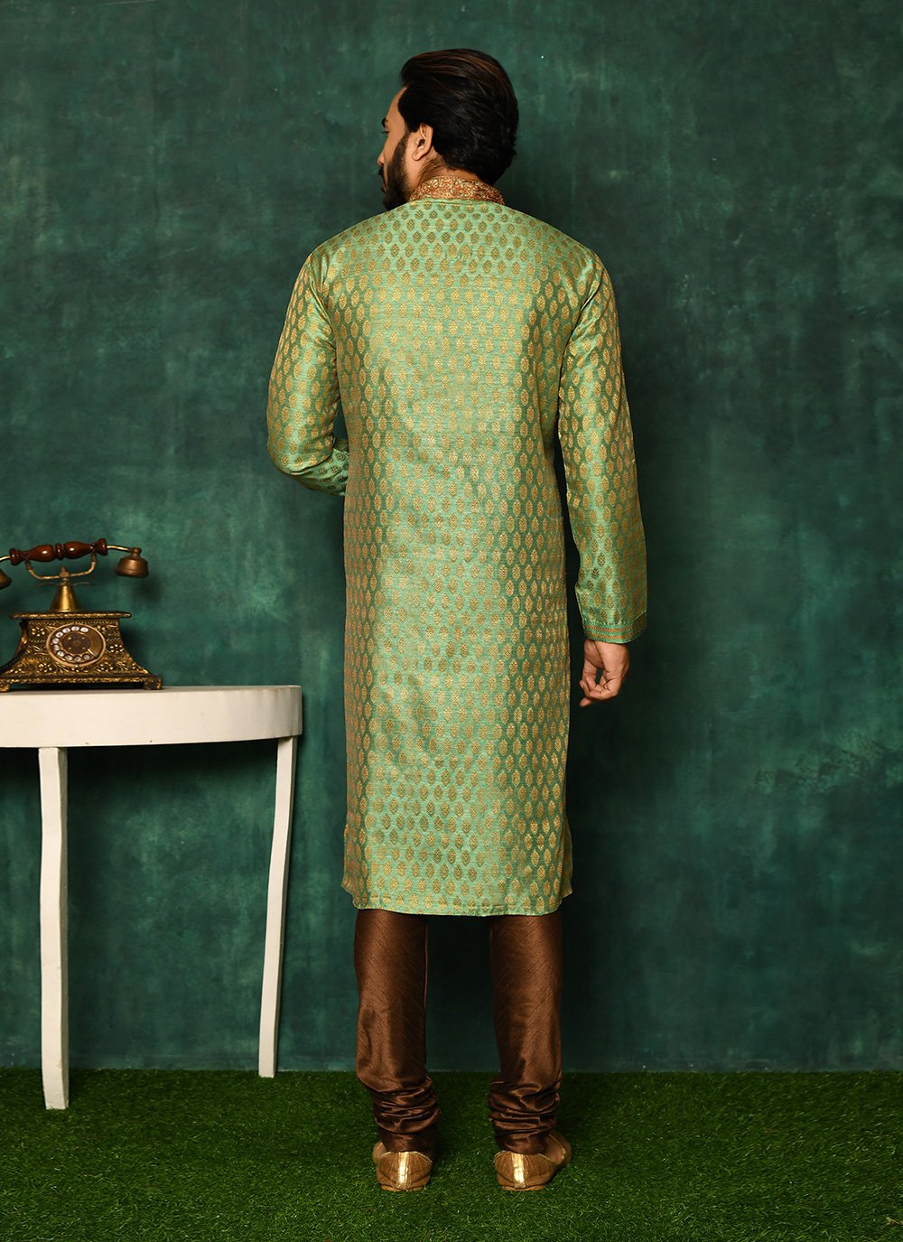 Kurta Pyjama Art Silk Green Woven Mens