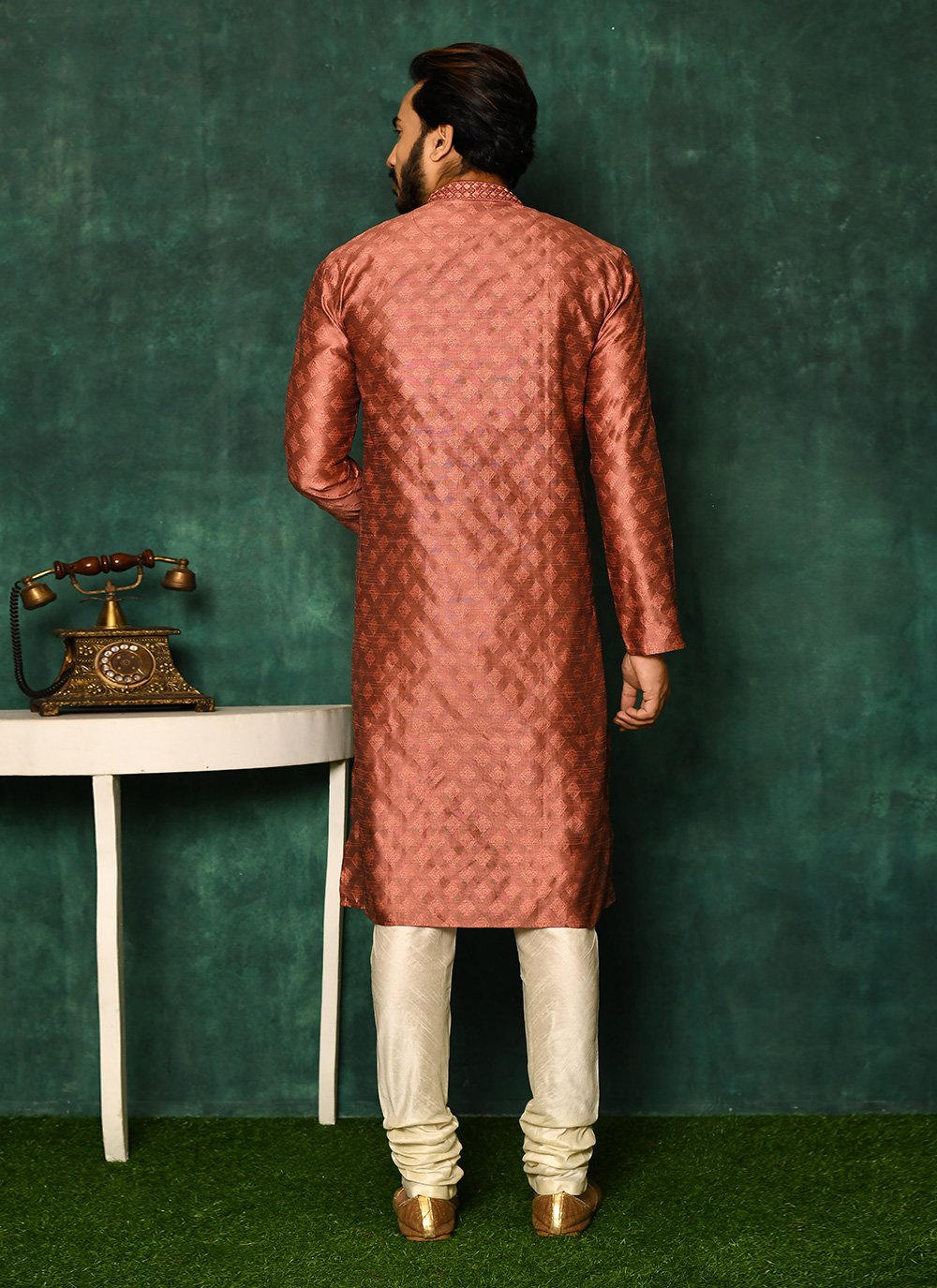 Kurta Pyjama Art Silk Rust Woven Mens