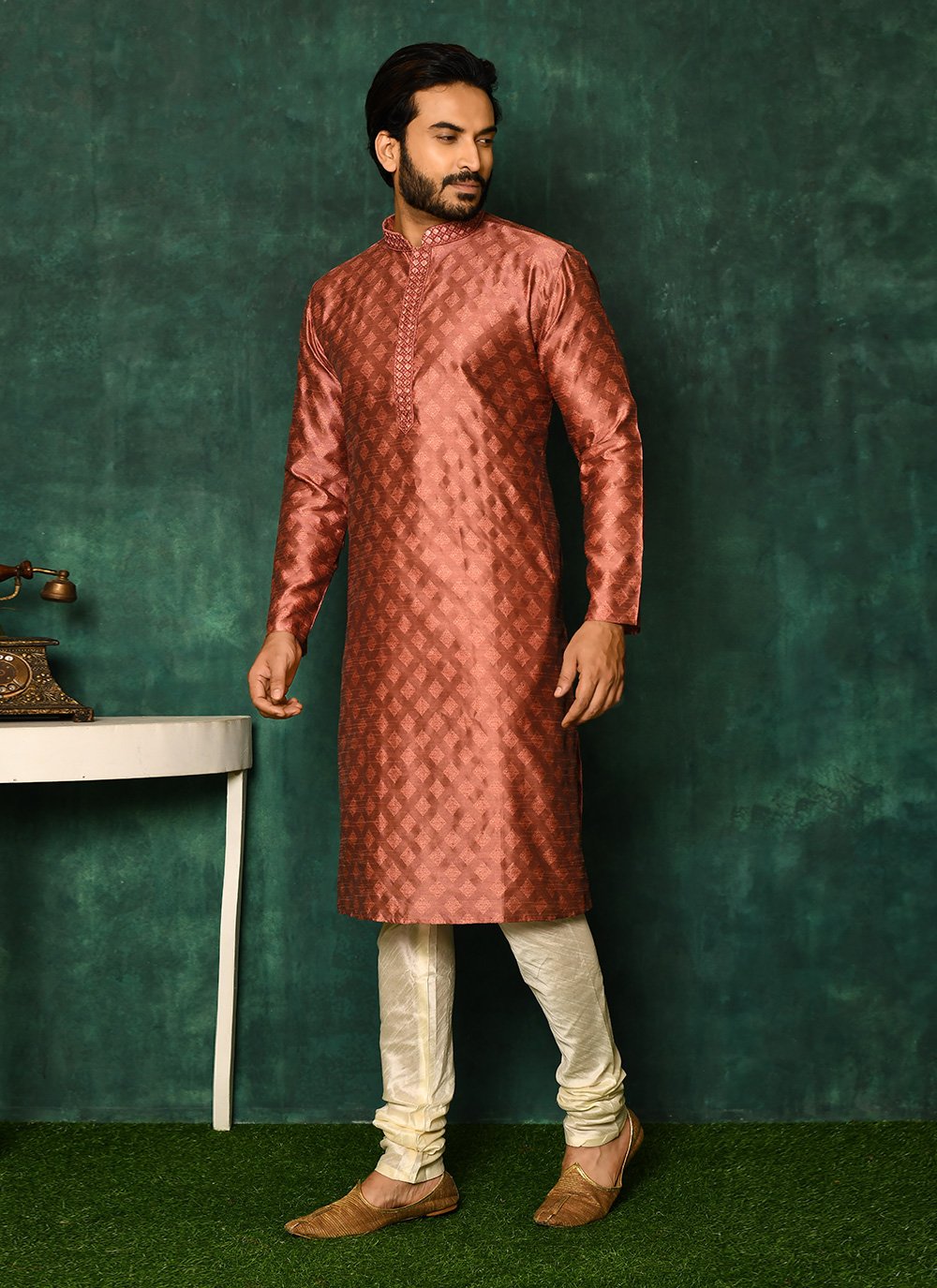 Kurta Pyjama Art Silk Rust Woven Mens