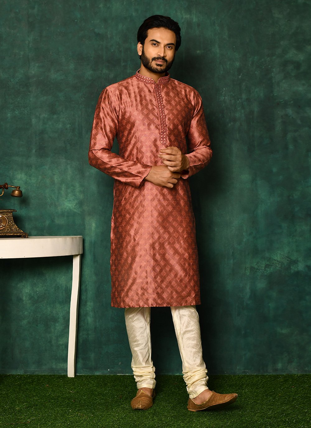 Kurta Pyjama Art Silk Rust Woven Mens