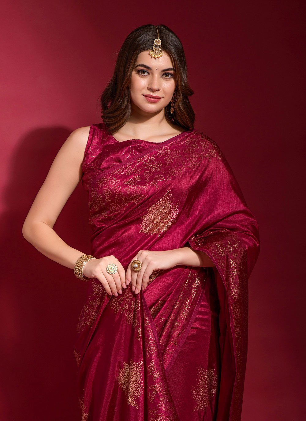 Classic Designer Art Silk Red Foil Print Saree