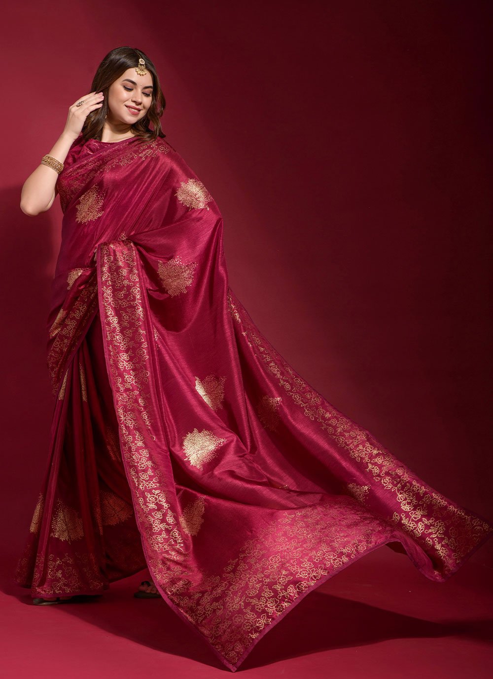 Classic Designer Art Silk Red Foil Print Saree