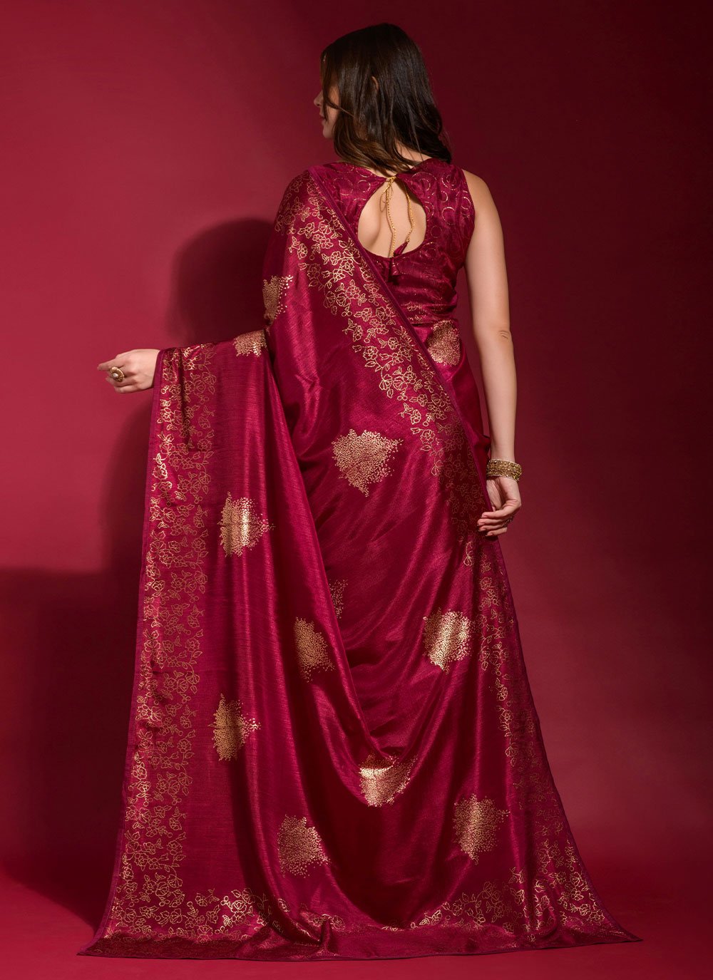 Classic Designer Art Silk Red Foil Print Saree