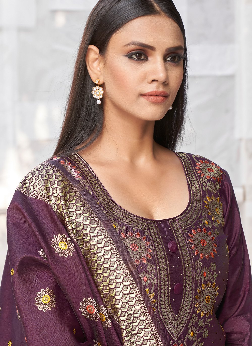 Trendy Suit Banarasi Silk Wine Woven Salwar Kameez