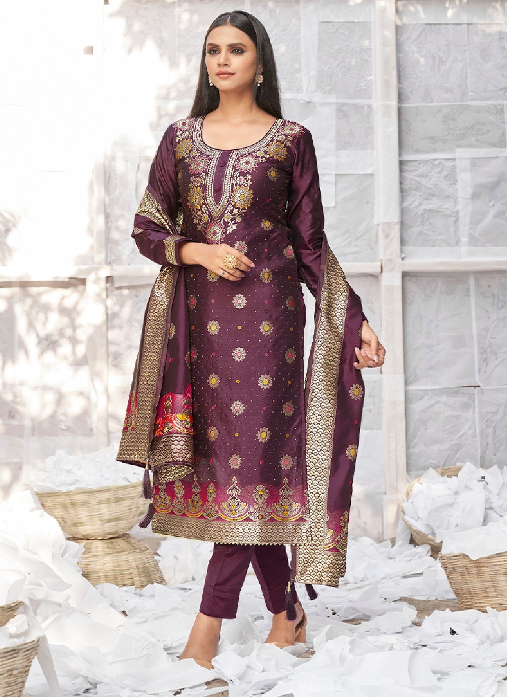 woven banarasi silk trendy salwar suit in wine 255600 2