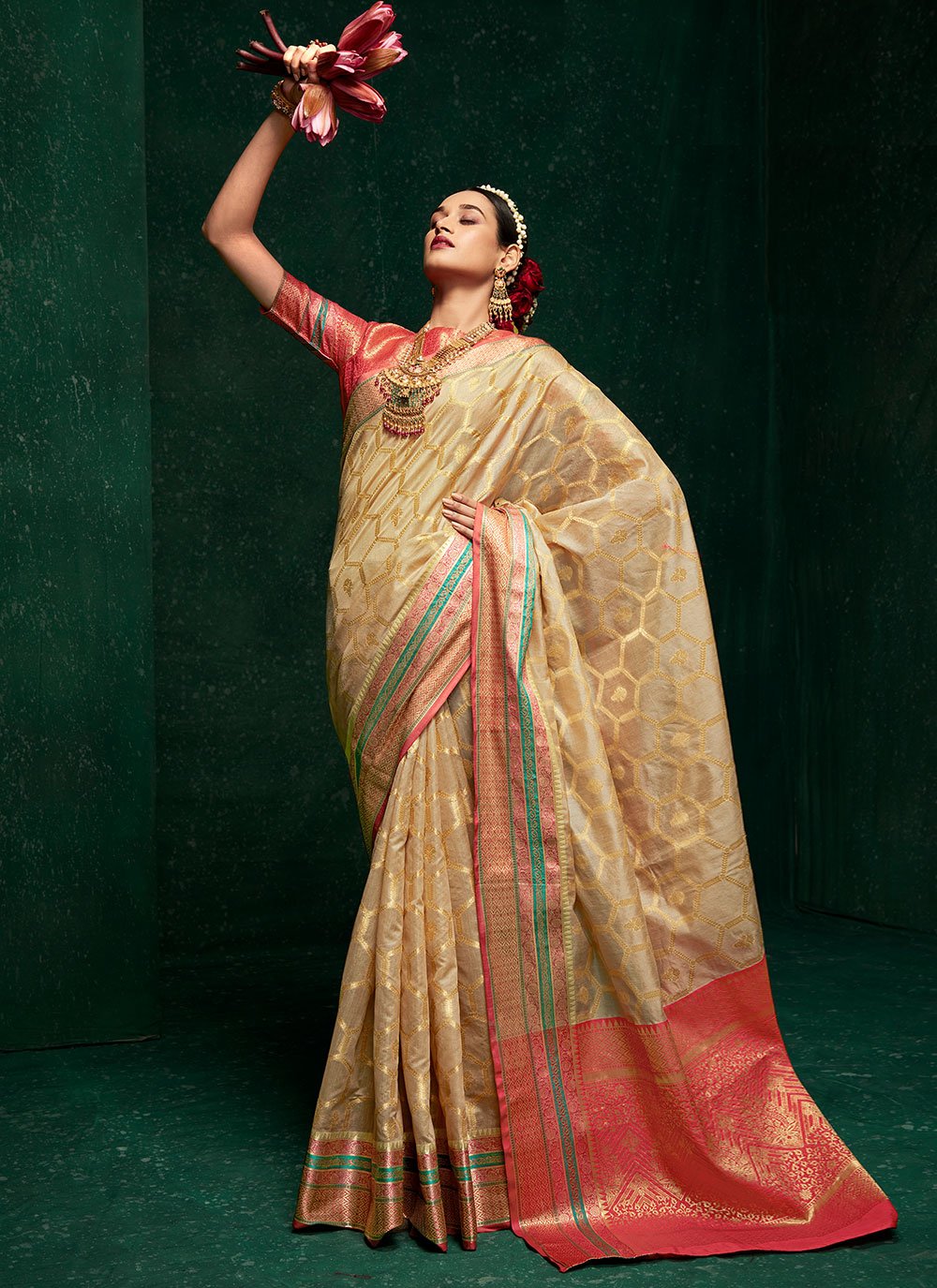 Classic Cotton Silk Beige Patch Border Saree