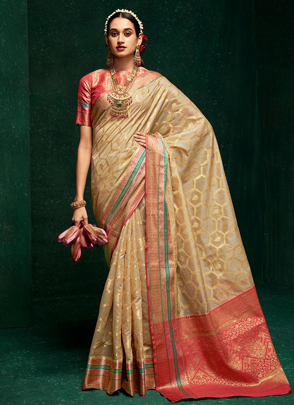 Classic Cotton Silk Beige Patch Border Saree