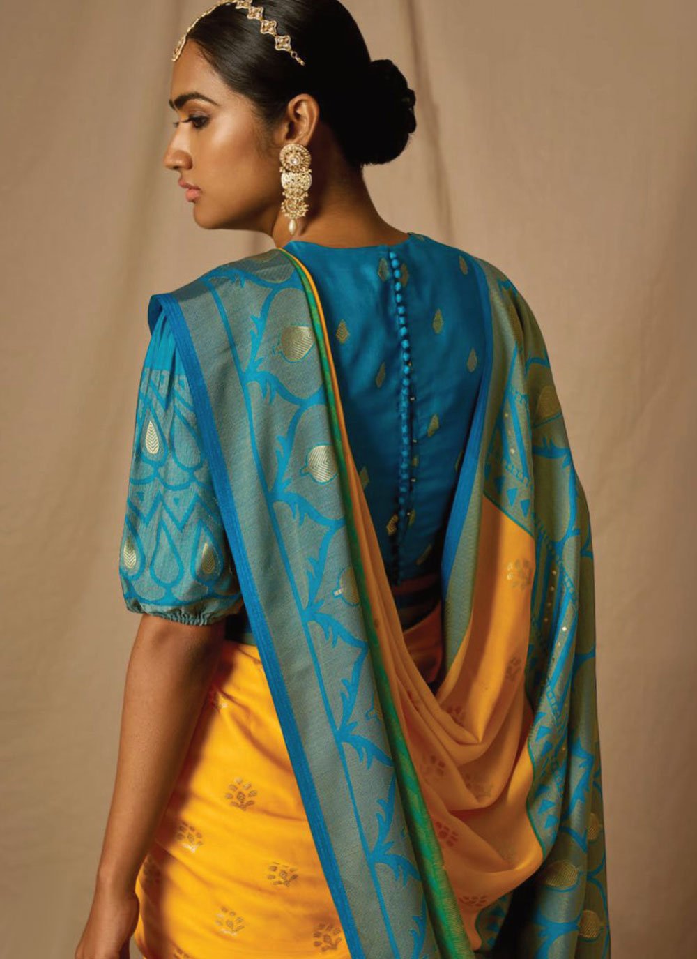 Classic Brasso Blue Orange Woven Saree