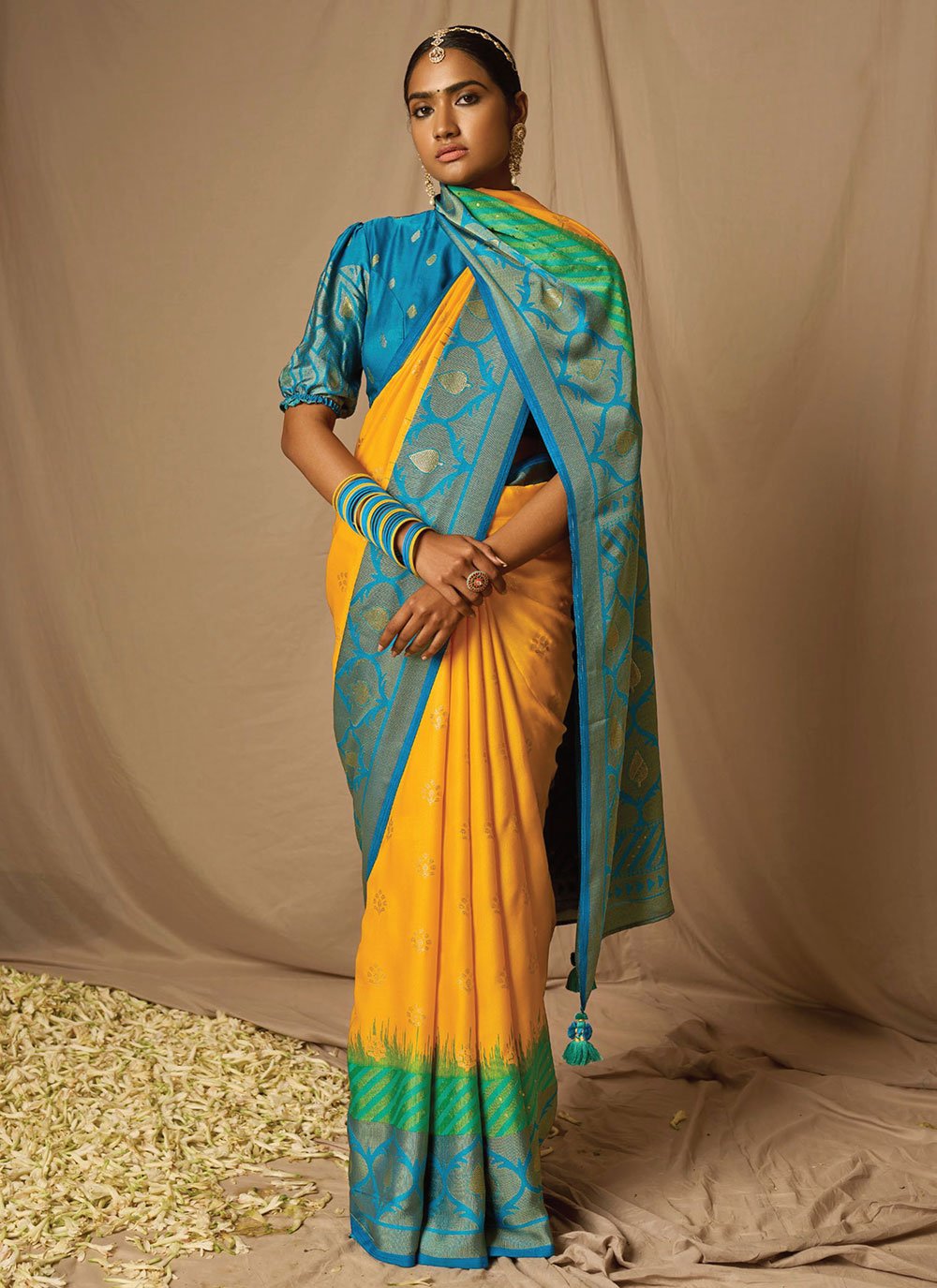 Classic Brasso Blue Orange Woven Saree