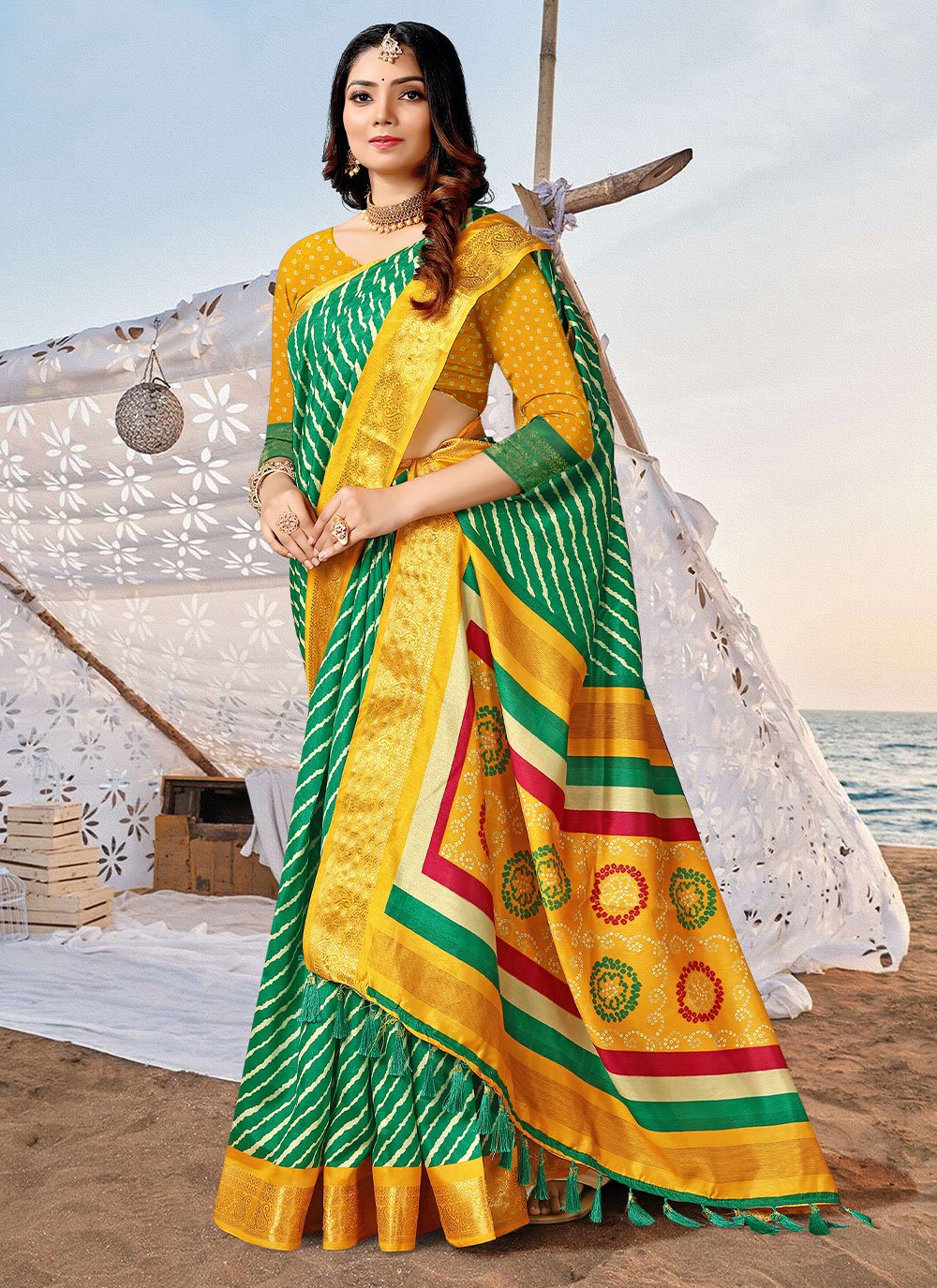 Classic Silk Green Yellow Patch Border Saree