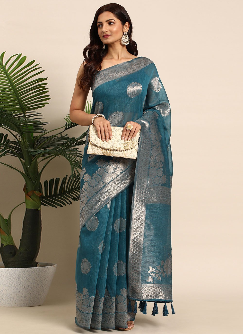 Contemporary Organza Aqua Blue Woven Saree