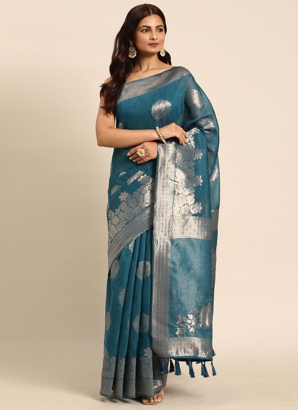 Contemporary Organza Aqua Blue Woven Saree