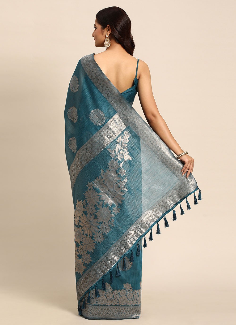 Contemporary Organza Aqua Blue Woven Saree