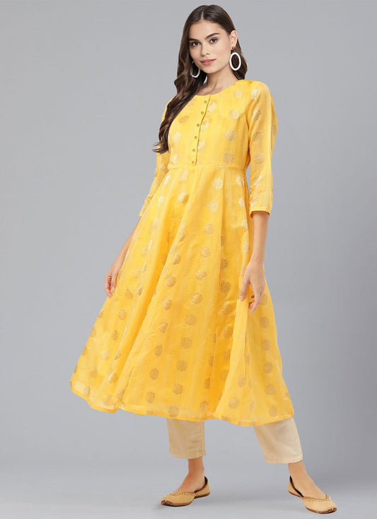 Floor Length Kurti Chanderi Yellow Woven Kurtis