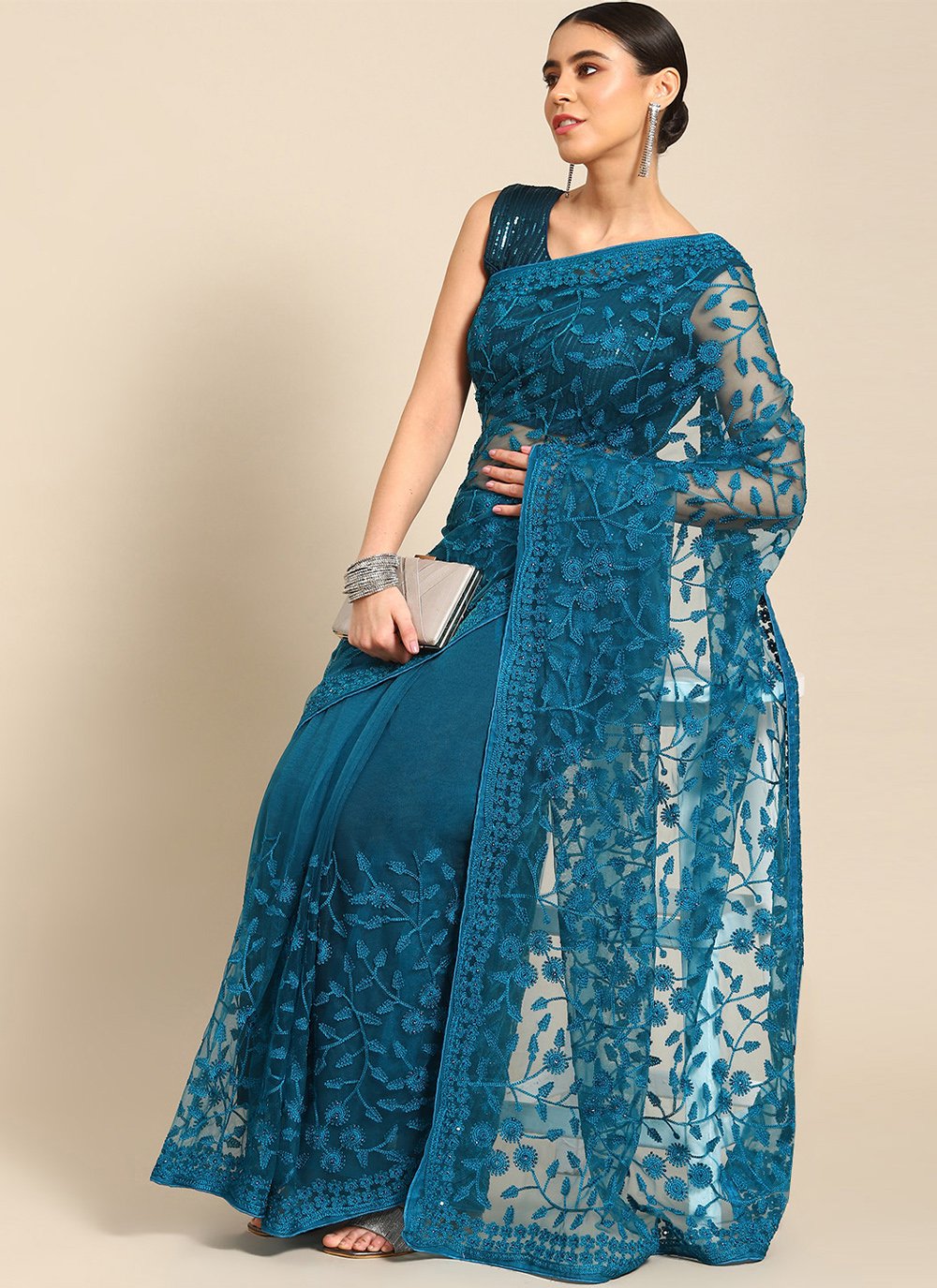 Classic Net Blue Embroidered Saree