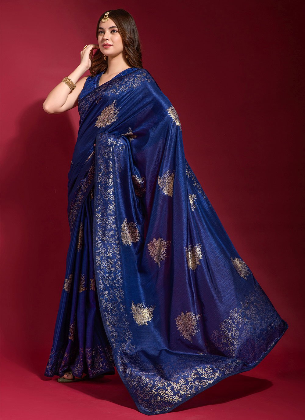 Classic Designer Art Silk Blue Foil Print Saree