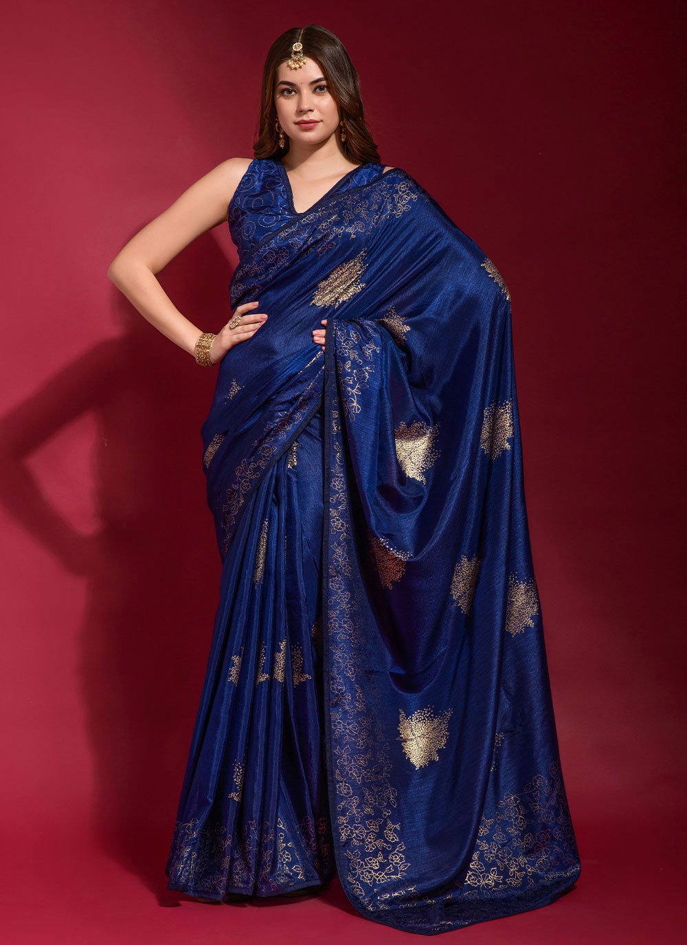 Classic Designer Art Silk Blue Foil Print Saree