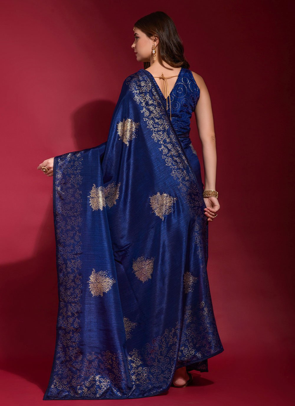 Classic Designer Art Silk Blue Foil Print Saree