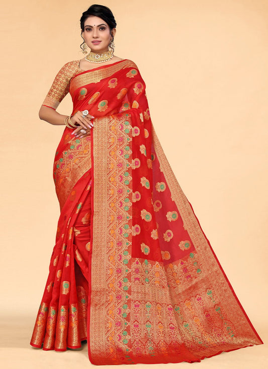 Contemporary Organza Red Woven Saree