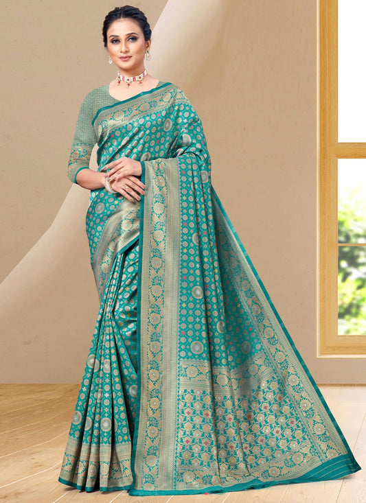 Contemporary Silk Turquoise Woven Saree