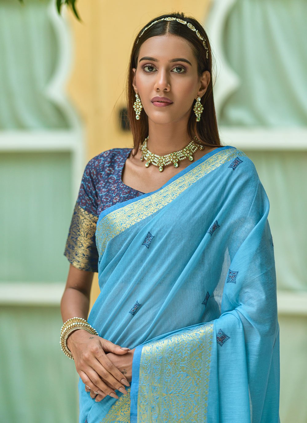 Classic Cotton Aqua Blue Woven Saree