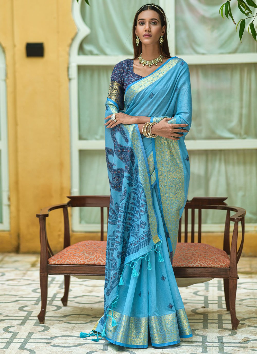 Classic Cotton Aqua Blue Woven Saree