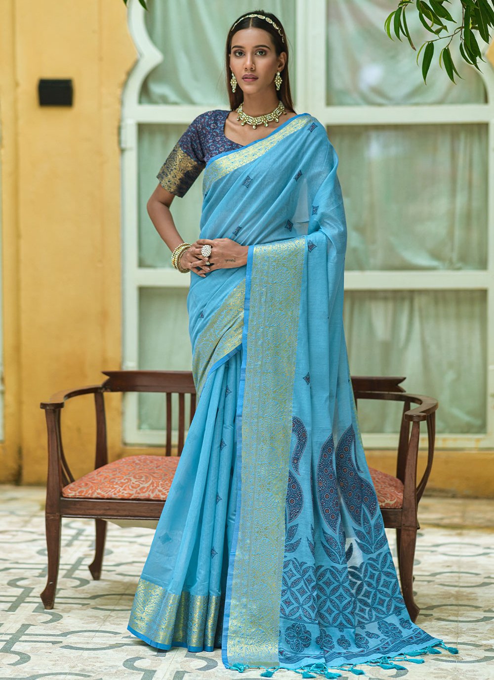 Classic Cotton Aqua Blue Woven Saree